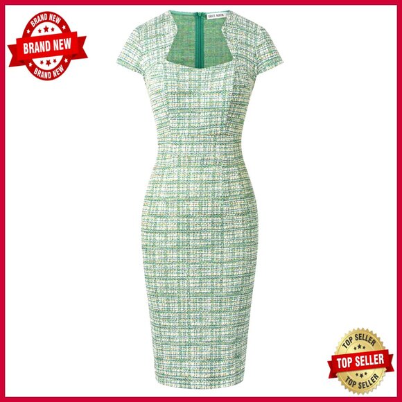 Dresses & Skirts - Tweed Pencil Dress Cap Sleeve Bodycon Work Elegant Retro Chic Stretchy